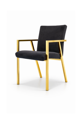 Chair with black upholstered seat and backrest on a gold frame.