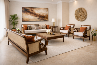 Living room with wooden furniture, beige walls, and decorative elements.