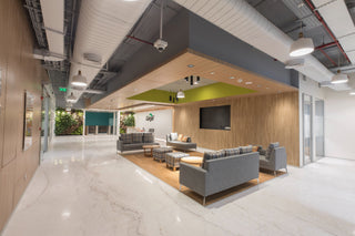 Modern office lounge area with gray sofas, a green wall, and a TV.