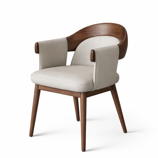 Dining chair with wooden frame and leather upholstery.