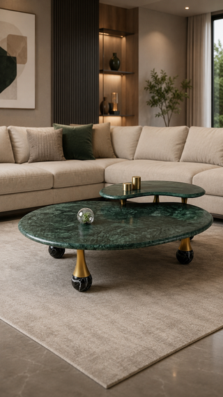 Modern living room with a green marble coffee table.