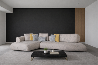 Modern living room with a sectional sofa and a black coffee table.