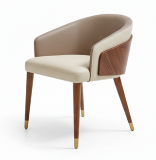 Dining chair with wooden backrest and legs, and leather upholstery.
