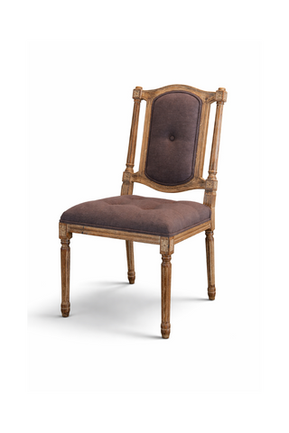 Wooden chair with brown upholstered seat and backrest.