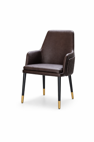 Brown leather chair with gold accents on a white background