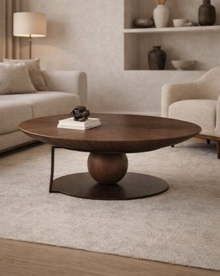 Round wooden coffee table in a living room.