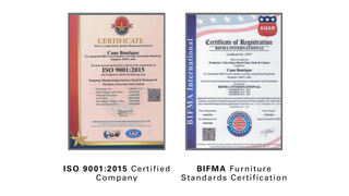 Two certification documents for ISO 9001:2015 and BIFMA Furniture Standards on a white background.