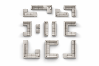 Set of modular sofa pieces arranged in various configurations on a white background