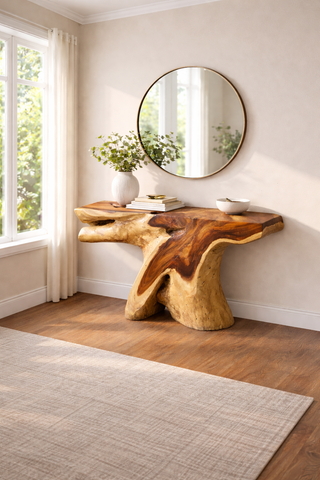 Wooden console table with natural finish in a room with a round mirror and window.